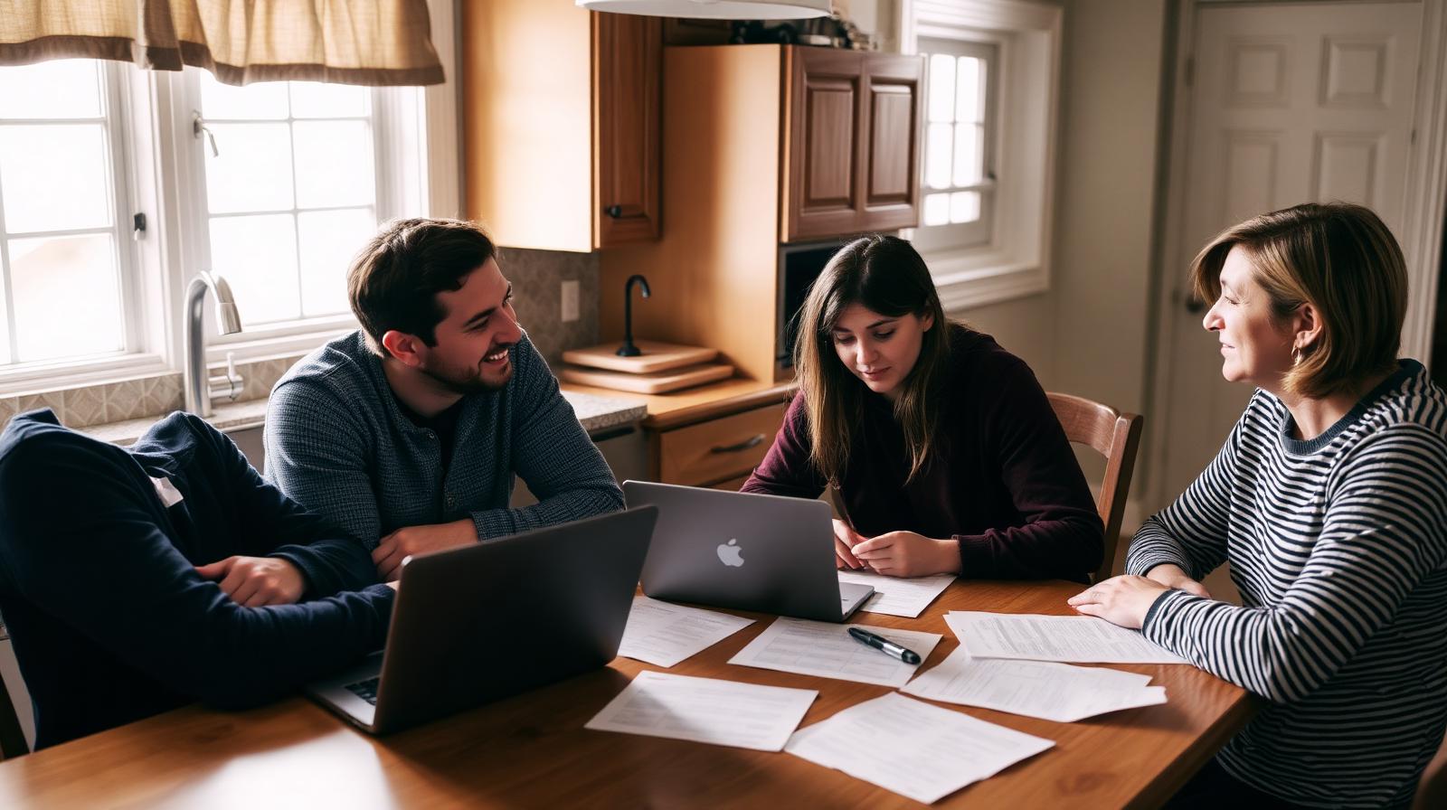 Three adult siblings around a kitchen table reviewing inherited-house paperwork in California