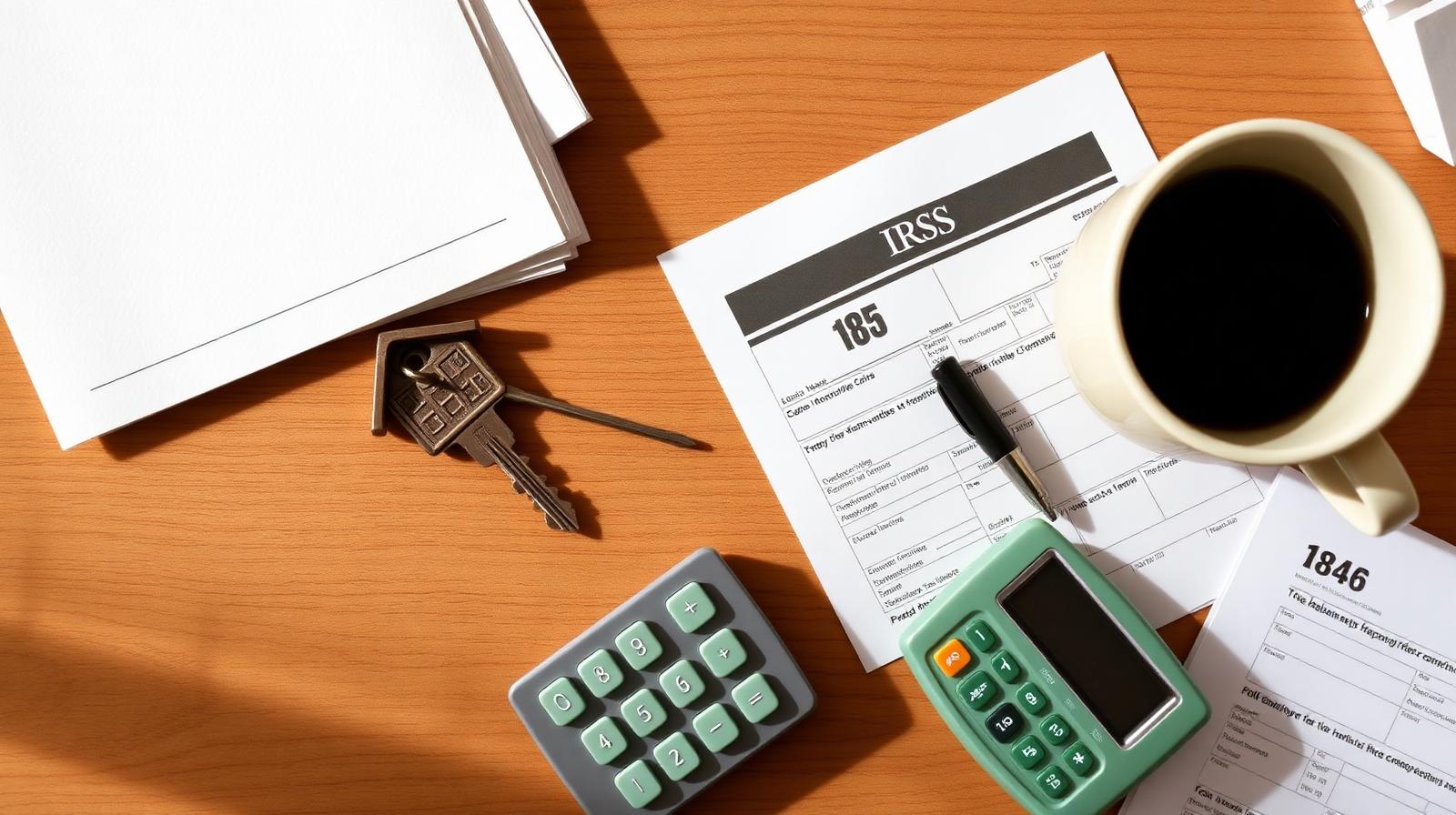 Wooden desk with house key, calculator, IRS tax documents and coffee, California stepped-up basis explained